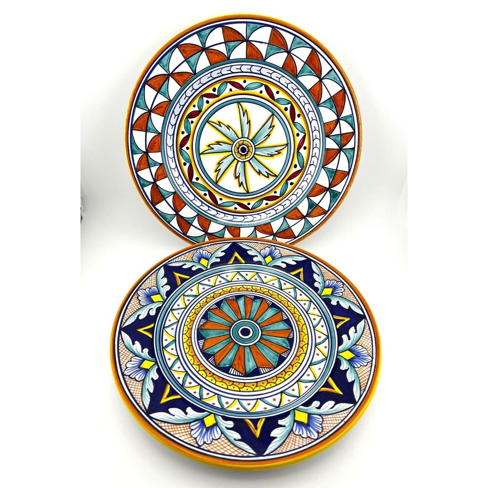 Deruta Cottura 2pc Set 8.75" Salad Dessert Plates Handpainted Colorful ITALY EUC